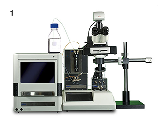 Picture of microscope over SPR Instrument. Transmitted light fluorescent microscope imaging. Shown is the quartz window flow cell mounted on the XanTec Technologies SR7000DC surface plasmon resonance spectrometer.